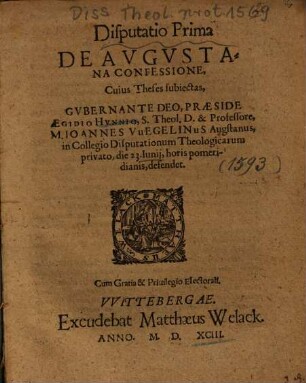 Disputatio Prima De Avgvstana [Augustana] Confessione