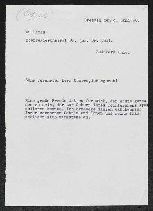 Brief von Gerhart Hauptmann an Reinhard Uhle