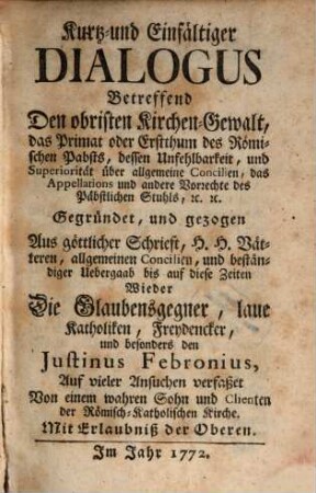 Kurtzer Dialogus betreffend obristen Kirchen-Gewalt