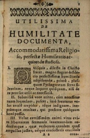 R. P. Sanctii De S. Catharina Ordinis S. Bernardi Utilissima De Humilitate Documenta, Accommodatissima Religioso perfectae Humilitatis acquirendae studioso : Italico olim idiomate vulgata