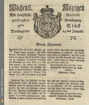 2tes Stueck, Dienstags den 14ten Januarii 1772