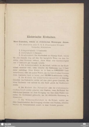 Elektrische Einheiten. Mass-Einheiten, welche zu elektrischen Messungen dienen