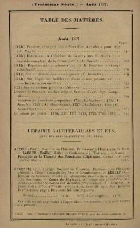 Table des matières. Août 1897.