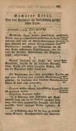 Sechster Titel. Von dem Verfahren bei Aufnehmung gerichtlicher Taxen.