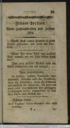 Zehnte Lection. Vom Zahlenschreiben und Zahlenlesen