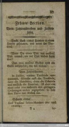 Zehnte Lection. Vom Zahlenschreiben und Zahlenlesen