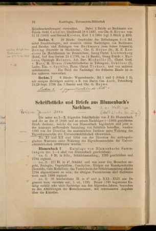 Schriftstücke und Briefe aus Blumenbach's Nachlass. [Cod. Ms. Blumenbach I - Cod. Ms. Blumenbach XL]
