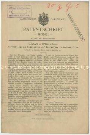 Patentschrift einer Vorrichtung, um Ackerwagen auf Spurbahnen zu transportieren , Patent-Nr. 33601