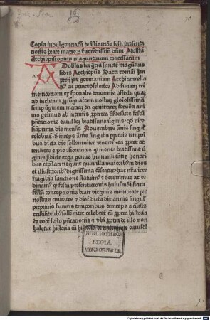 Officium de festo praesentationis beatae Mariae virginis : mit Einführungsdekret des Erzbischofs von Mainz Adolf von Nassau, Mainz 30. und 31. 8. 1468, und den Bullen ‘Rationi congruit’, Rom 16. 9. 1464, und ‘Ad id maxime’, Rom 21. 1. 1465, von Papst Paulus II.