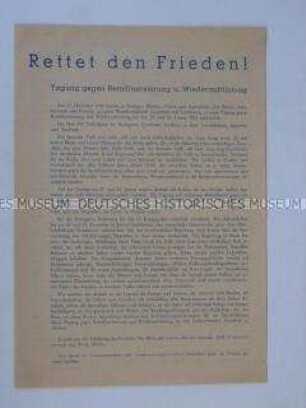 Flugblatt mit dem Aufruf zu einer Tagung gegen Remilitarisierug und Wiederaufrüstung und der Liste der Unterzeichner