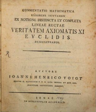 Commentatio Mathematica Exhibens Tentamen Ex Notione Distincta Et Completa Lineae Rectae Veritatem Axiomatis XI Euclidis Demonstrandi