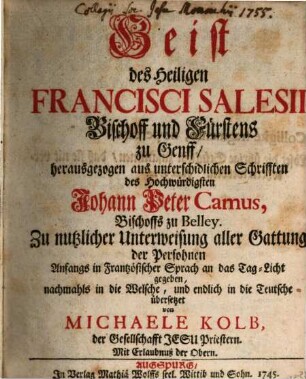 Geist des Heiligen Francisci Salesii, Bischoff und Fürstens zu Genff