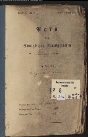 Protokollakten des Kreisgerichts Lüdinghausen mit den Orten Ascheberg, Bockum, Bork, Drensteinfurt, Herbern, Lüdinghausen, Olfen, Selm, Senden, Seppenrade, Walstedde (Juden H 1847-1856)