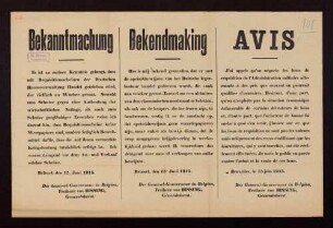 "Bekanntmachung". Warnung vor dem Handel mit Requisitionsscheinen im besetzten Gebiet Belgiens