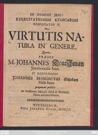 Exercitationum Ethicarum Disputatio V. De Virtutis Natura In Genere
