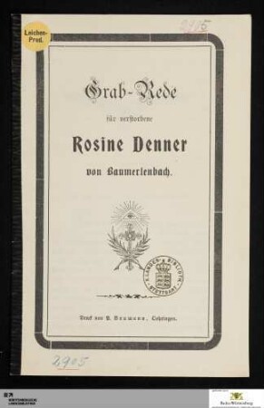 Grab-Rede für verstorbene Rosine Denner von Baumerlenbach