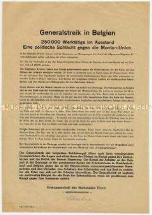 Flugblatt der Nationalen Front Lobenstein über Generalstreik in Belgien als Aktion gegen Montan-Union, mit Aufruf zur Aktionseinheit der bundesdeutschen Arbeiterschaft