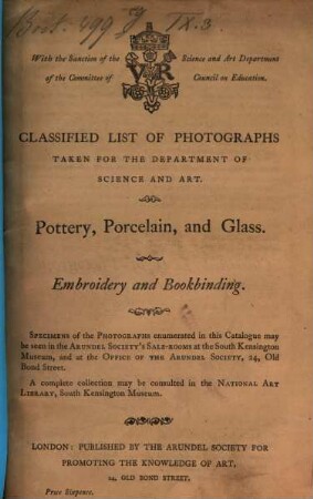 Classified List of Photographs, taken for the Department of Science and Art, 3