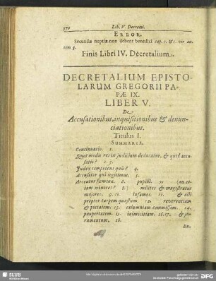 Decretalium Epistolarum Gregorii Papae IX. Liber V. De Accusationibus, inquisitionibus & denunciationibus