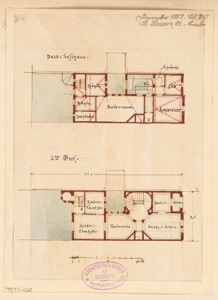 Städtisches Wohnhaus Monatskonkurrenz Dezember 1883: Grundriss Dachgeschoss, 2. Obergeschoss; Maßstabsleiste