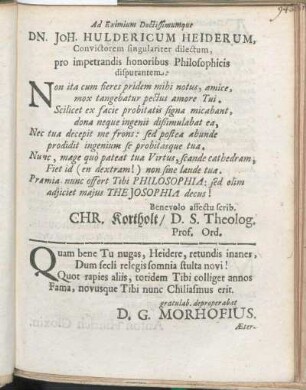 Gratulationes [Beiträger: Chr. Kortholt. D. G. Morhofius. Adamus Tribbechovius. Anton Hinrich Gloxin.]