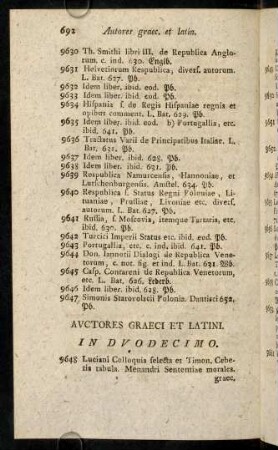 692-703, Auctores Graeci et Latini. In Duodecimo.