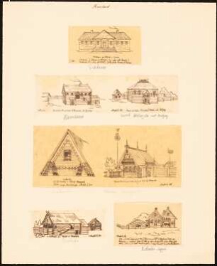 Wohnhaus des Adligen von Peterson, Bauernhäuser und ein Gehöft aus Holz, Diakowo, Romanow, zwischen Wologda und Ustjag, Lukurki, Nishnij Nowgorod, Dortniki und Boladir-Ugari: Fünf Blätter mit Durchzeichnungen: sechs perspektivische Ansichten und Seitenansichten typischer russischer Wohn- und Bauernhäuser, eine Detailansicht eines Schmuckgiebels eines Bauernhauses, nach Haxthausen, I, 265, 162, 251, 304, 305, 94 und 267 (v.o.n.u. und v.l.n.r.)
