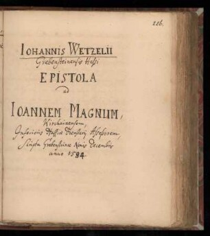 [Brief von Johannes Wetzel an Johann Magnus (1584)]