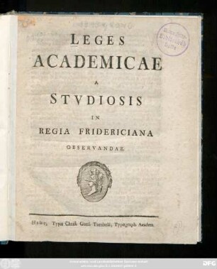 Leges Academicae A Stvdiosis In Regia Fridericiana Observandae