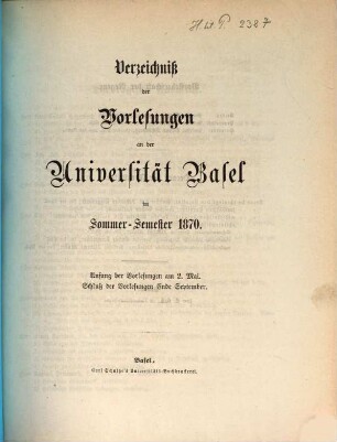 Verzeichnis der Vorlesungen. 1870, 1870. SS.