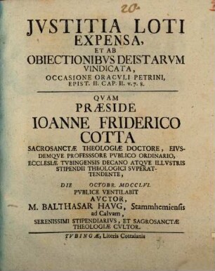 Iustitia Loti expensa, et ab obiectionibus Deistarum vindicata