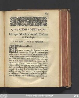 Quatriémes Obiections Faites par Monsieur Arnauld Docteur en Theologie.