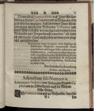 Adjunctum sub Numero 11. Renuntiatio Friderici von Niehausen Thumb-Capitularen zu Hildesheimb auff die Niehausischen Güter.