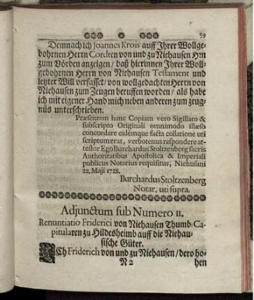 Adjunctum sub Numero 11. Renuntiatio Friderici von Niehausen Thumb-Capitularen zu Hildesheimb auff die Niehausischen Güter.