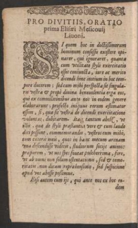Pro Divitiis, Oratio prima Elisaei Mesicovii Livoni.