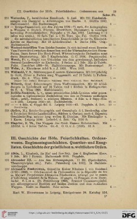 III. Geschichte der Höfe. Feierlichkeiten. Ordenswesen. Regimentsgeschichten [...] (Nr. 230 - 350)