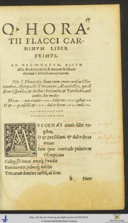 QUINTI HORATII FLACCI CARMINUM LIBER PRIMUS mit handschriftlichen Eintragungen
