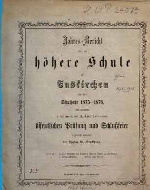 Jahres-Bericht über die Höhere Schule zu Euskirchen : für das Schuljahr .., 1875/76
