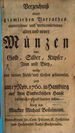 Verzeichniß eines ziemlichen Vorrath auserlesener Münzen
