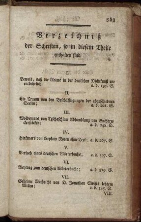 Verzeichniß der Schriften, so in diesem Theile enthalten sind