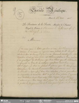Eigenh. Brief auf Vordruck von Abel Rémusat an August Wilhelm von Schlegel, Paris, 15.05.1826