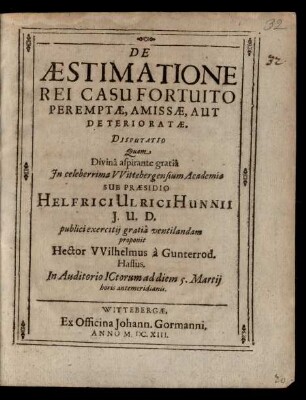 De Aestimatione Rei Casu Fortuito Peremptae, Amissae, Aut Deterioratae. Disputatio