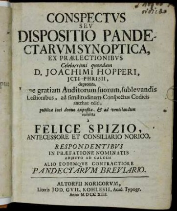Conspectvs Sev Dispositio Pandectarvm Synoptica