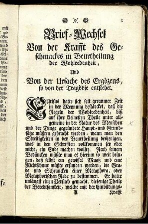 Brief - Wechsel. Von der Krafft des Geschmackes in Beurtheilung der Wohlredenheit, ...