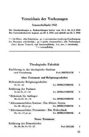 Verzeichnis der Vorlesungen Sommerhalbjahr 1943