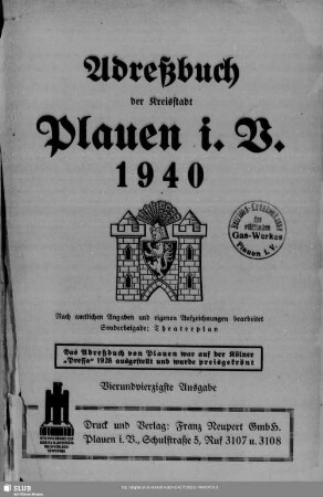 44.1940: Adreßbuch der Kreisstadt Plauen i. V. : nach amtlichen Angaben und eigenen Aufzeichnungen bearbeitet