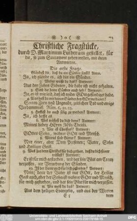 Christliche Fragstücke, durch D. Martinum Lutherum gestelltet, für die, so zum Sacrament gehen wollen, mit ihren Antworten.