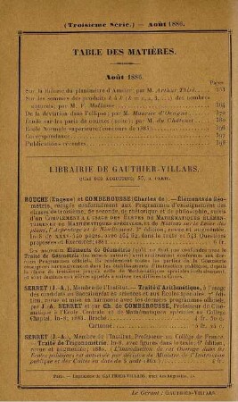 Table des matières. Aout 1886.
