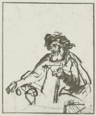 Sitzender Alter mit einem Stab in der Hand