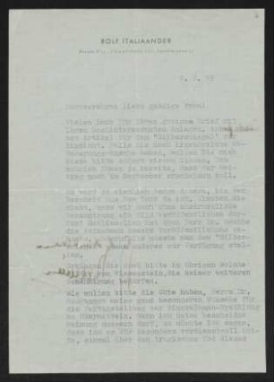 Brief von Rolf Italiaander an Margarete Hauptmann